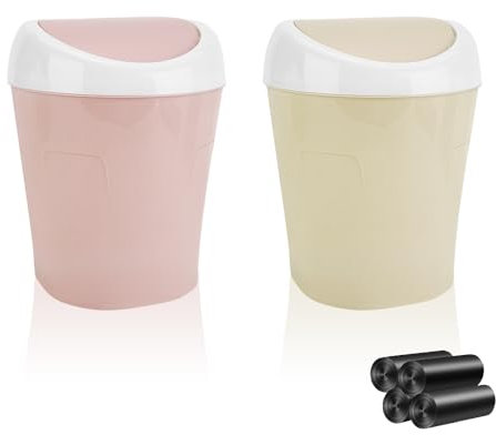 Lot de 2 petites poubelles avec couvercle, mini poubelle de table avec couvercle basculant et 4 rouleaux de sacs poubelles, multicolores, 10 x 12 x 17 cm, poubelle de table pour salle de bain, bureau