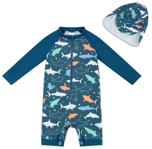 UMELOK Baby Badeanzug mit Sonnenhut UV Schutz Schwimmanzug für Baby Junge Schwarm Haie 86