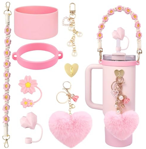 VIQWYIC Set di 8 accessori per borraccia Stanley Cup 30oz & 40oz – Include maniglia per il trasporto, anello di protezione in silicone, copertura per cannuccia e portachiavi per perle