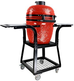 Kamado SE-19TR Grill mit Trolley Rot 50cm Grilldurchmesser, Grillrostdurchmesser 43cm, BBQ Keramik Holzkohlegrill Grill mit Holzkohle