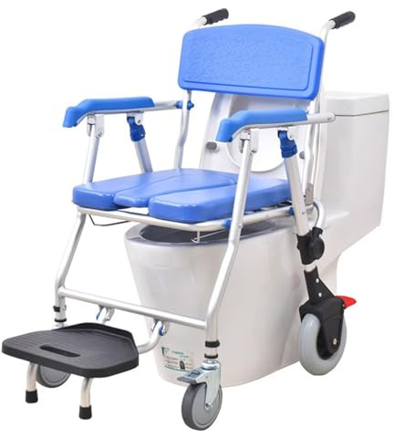Duschstuhl mit Rollen Klappbar, Toilettenstuhl für Senioren mit Rollen, Toilettenrollstuhl mit Armlehne Duschstuhl mit Rollen Rückenlehne und Toiletteneimer, Belastung 150 kg (Blue)