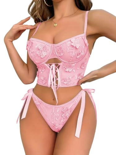 HOTSO Women’s Sexy Lingerie Set 10 Pieces Floral Embroidered Sheer Mesh Lace Strappy Underwire Push Up Bra and Panties Underwear Naughty Nightwear Babydoll Bodysuit for Women S-XL Valentine Pink
