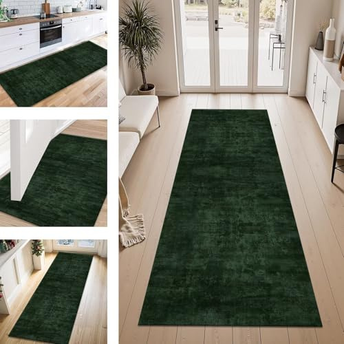 ZESEWU Teppich Läufer Flur Küche rutschfest Dunkelgrün Teppichläufer Kücheläufer Waschbar 100X200CM Meterware Küchenteppich Läuferflurteppich für Wohnraum Schlafzimmer Kinderzimmer Schmutzfangläufer