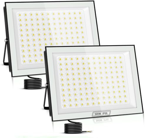 papasbox 2 Stück 500W LED Strahler Außen | Scheinwerfer 6500K Kaltweiß 50000LM Außenstrahler IP66 Wasserdicht Fluter für den Außenbereich Garten Garage Hof