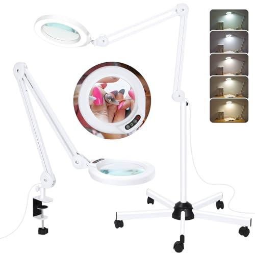 10X Lupe mit Licht und Ständer, superhell 2,200 Lumen LED-Lupen-Stehlampe mit 5 Rollen, 5 Farbmodi, stufenlos dimmbare beleuchtete Lupe für Kosmetikerinnen, Gesichtsbehandlungs, Salon