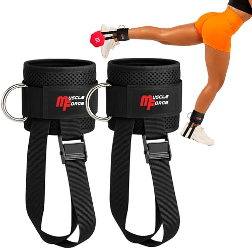 MuscleForge Fußschlaufen Gym mit Hantelfußbefestigung – Stabile Fußmanschetten für Kabelzug, Kickbacks, Tibialis-Training & Knöchel-Reha – Verstellbare Ankle Straps mit D-Ring Metall, 2er-Set