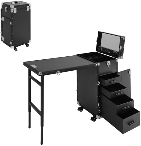HUOMMGS Professionell kosmetisk väska Trolley 2-i-1 sminkväska med bord max lastkapacitet 50 kg bärbart nagelbord med 4 lådor och hjul multifunktion frisörväska för sminkstationer