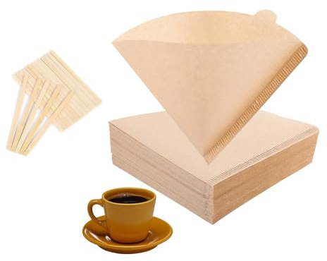 UDNUYFGZ Lot de 100 filtres à café en papier non blanchi V60 de 16,5 x 12 cm avec agitateur en bambou, compatibles avec les filtres Hario V60 pour machine à café