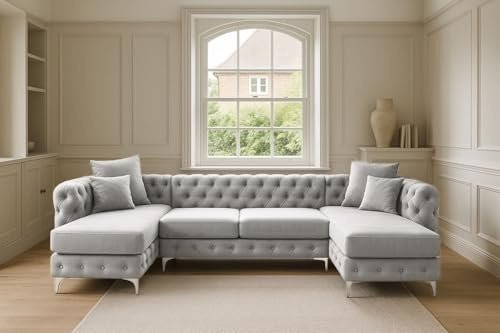 Sofaya U-Shaped Chesterfield Sofa – Deep Button Tufted Sectional with Chaise, Cushions & Chrome Legs – 4–5 Seater Upholstered Couch for Living Room (Light Grey Plush, U-Shape Sofa)