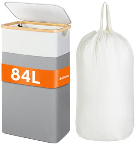 BrilliantJo Laundry Hamper with lid, 84L Laundry Basket Washing Basket with Removable Bag & Bamboo Handles, Foldable Laundry Bin Organizer, 70H x 40Lx 30W cm, Beige+Grey