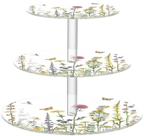 Blueangle 3-Tier Round Cupcake Stand – Colorful Herbs and Flowers Acrylic Dessert Tower, Non-Slip Tiered Dessert Stand for Baby Shower, Birthday, Wedding Party （541）