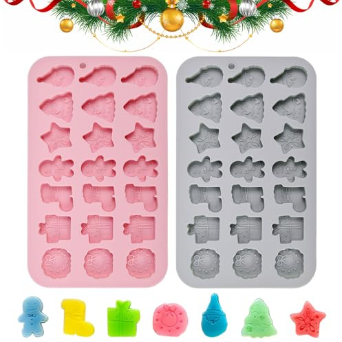 ADERTOS 2 PCS Moldes Galletas Navidad Moldes de Silicona para Chocolate Navideño 42 Cavidades 7 Patrones Navideños Molde Navidad Silicona Antiadherentes para Hornear Galletas Chocolate, Rosa y Gris