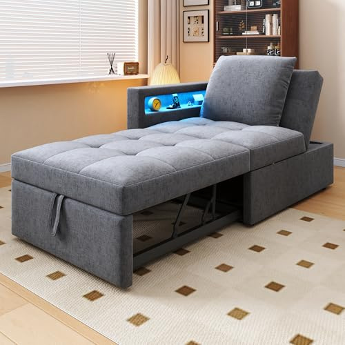 Zravenna 3-in-1-Schlafsofa mit Schlaffunktion, Polsterbett Klappsofa, Sofa Hocker, 5-Fach verstellbare Rückenlehne, Leinenstoffsofa, Schlafsessel für Wohnzimmer & Gästezimmer. (Grau B mit Stauraum)