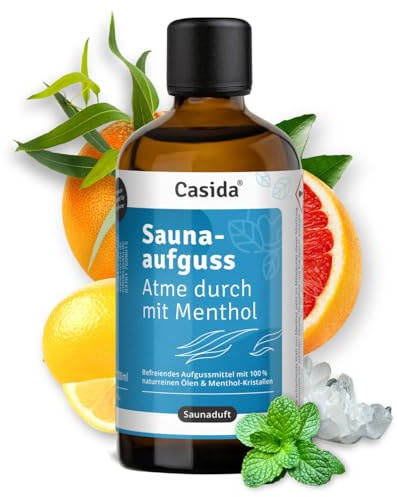 Casida Infusione per sauna respira attraverso con cristalli di mentolo – infuso sauna con oli essenziali naturali al 100% – limone, pompelmo, eucalipto e mentolo cristalli, senza profumi, 100 ml
