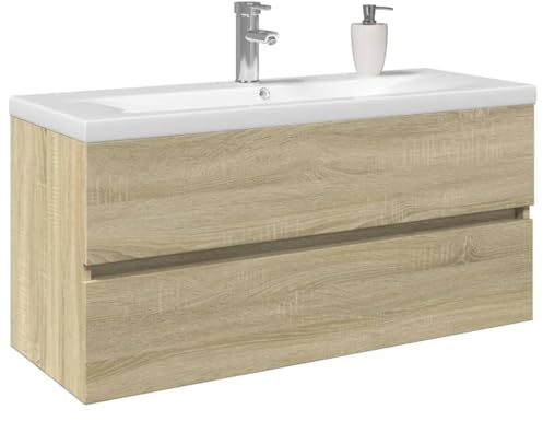 Mokuyary Set di 2 mobili da bagno in ceramica e legno, con mobiletto per lavabo e lavandino, da appendere, per bagno, cucina, corridoio -A