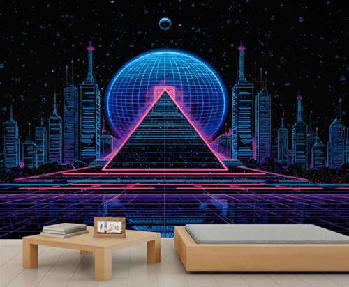 Futuristische Synthwave Cityscape Wandbild 80er Jahre Retro Neon Art Decal für Spielzimmer/Wohnzimmer, Pyramide & Globe Wanddekoration 280x200cm (Nicht selbstklebend)