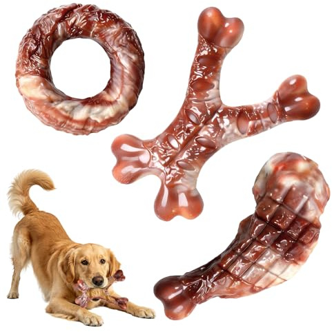 PYOCRD Jouet à Mâcher pour Chien – 3 Pièces Jouets Indestructibles en Nylon | Saveur Bœuf, Nettoyage des Dents et Jeu Interactif & Réduit l'Anxiété, pour Chiens Moyens et Grands (Brun)