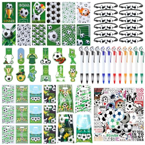 Iyxeo 112 Stück Fußball Mitgebsel Kindergeburtstag, Schreibwaren Set für 12 Gäste mit Notizbüchern, Kugelschreibern, Taschen, Armbändern, Lesezeichen & Aufklebern, Gastgeschenke Fußballparty