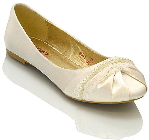 ESSEX GLAM New Womens LACE Pearl Wedding Bridal Ivory White Ballerina Flat Pumps Shoes Size 3 4 5 6 7 8 (UK 5 / EU 38 / US 7, Ivory Satin)