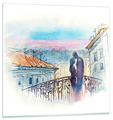 Deco Cadre Salon Couple Amour Ville Pont Moderne Impression sur Verre 50x50cm Image Tableau en Verre Decoration Murale Chambre Cuisine Carré Art Wall Petit Tableaux Decoratifs Muraux GAC50x50-2998