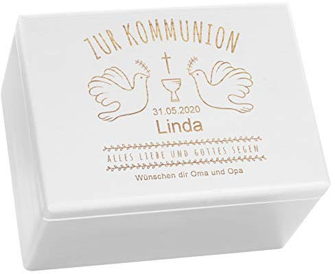 LAUBLUST Holzkiste zur Kommunion - Tauben Motiv | Geschenkkiste Personalisiert mit Gravur, FSC® (Weiß, ca. 40 x 30 x 24 cm | XL)