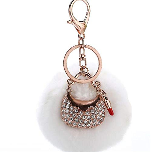Schlüsselanhänger plüsch Ball glänzend Mini Tasche Strass Taschenanhänger Plüsch-Kugel Autoschlüssel -Anhänger Pompom Weich Schlüsselring bommel Keychain Handtaschenanhänger Dekor (Weiß)
