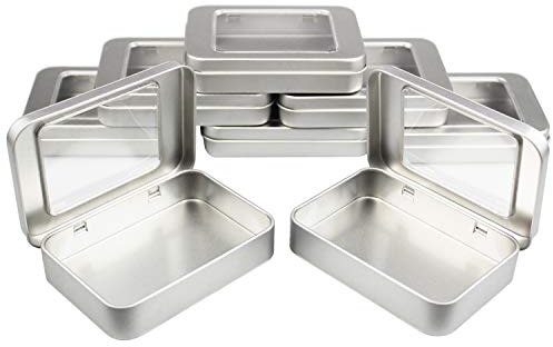 Goodma 8 Pieces Rectangular Metal Empty Hinged Tins Home Storage Containers Organizer Mini Box with Clear Window Lid, 10 x 7 x 2 cm (Silver)