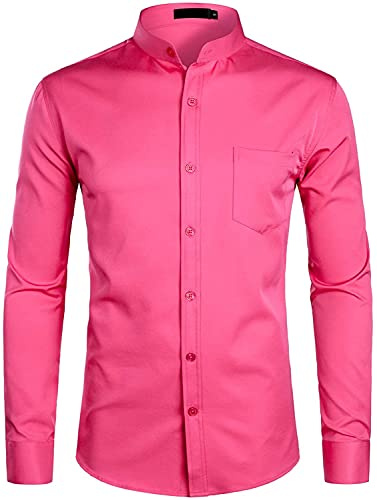 PARKLEES Chemise élégante à col grand-père pour homme, coupe ajustée, manches longues, boutonnée avec poche