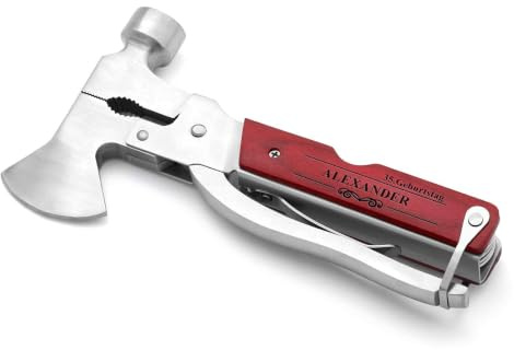 Maverton Multifunktionswerkzeug mit Gravur - kompaktes Multitool - personalisiert - aus Edelstahl + Holz - Geschenk zum Geburtstag für Männer - Dunkelbraun - Verzierung