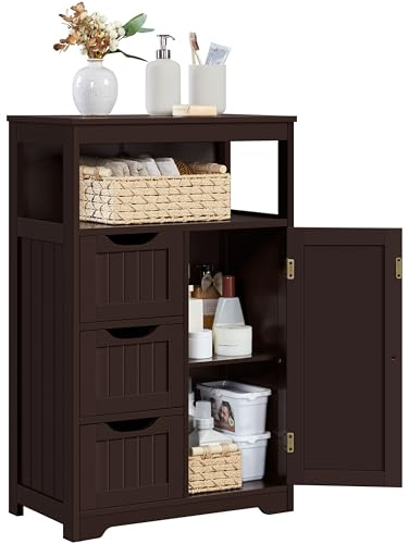 Yaheetech Wood Bathroom Floor Cabinet with 3 Drawers &1 Cupboard, Free Standing Storage Organizer Hallway Entryway Cabinet for Living Room Kitchen, Espresso