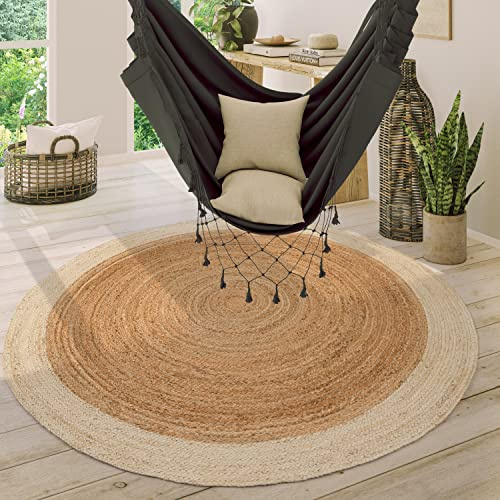 Paco Home Teppich Rund Wohnzimmer Jute Boho Ethno Muster Modern Handgefertigt Naturteppich, Grösse:160 cm Rund, Farbe:Elfenbein