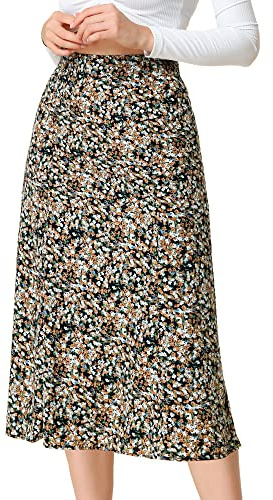 Allegra K Women's Floral Midi Skirt Peasant Elastic Waist A-Line Ditsy Leave Print Skirts X-Large Blue Brown