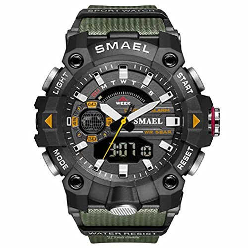 SMAEL Reloj Deportivo Analógico Digital para Hombre, Exterior Militar Verde, Alarma, Hora Dual, Impermeable, LED, Cronómetro