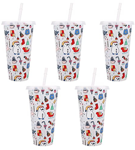 TSLBW Colour Changing Cup 5 Pcs Plastic Christmas Cups Reusable Travel Tumblers with Lids and Straws Iced Coffee Cup Cold Water Drink Change Cups, 710ml (A)
