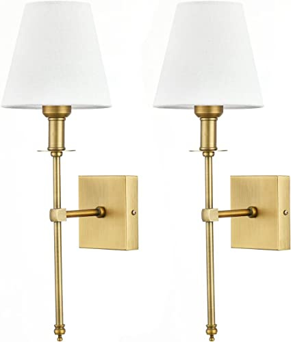 Enyhom 2 Stücke E27 Wandleuchten Innen Vintage Flur Wandlampe Deko Gold Industrial Wandlampe mit Weißem Stoffschirm für Spiegel, Wohnzimmer, Schlafzimmer und Treppe (Ohne Glühbirne)