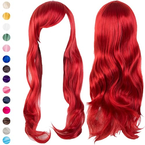Pelucas Largas Onduladas para Mujer, 28 Pulgada/70cm Rojo Peluca Sintética de Onda Natural Larga, Pelucas Mujer con Flequillo Pelo Natural Largo Ondulada, para Cosplay Fiestas Carnaval Halloween