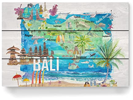 artboxONE Holzbild 45x30 cm Reise/Strand und Meer Bali Illustrierte Insel-Reisekarte von Künstler artshop77