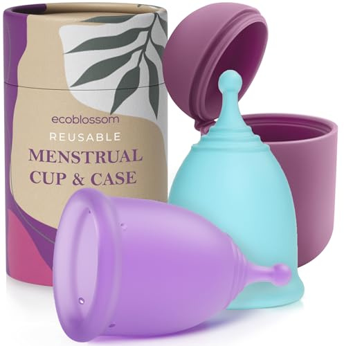 Ecoblossom Copas menstruales reutilizables a prueba de fugas - Silicona de grado médico, sostenibles, con estuche de almacenamiento. Paquete de 2 copas menstruales grandes, capacidad de 30 ml