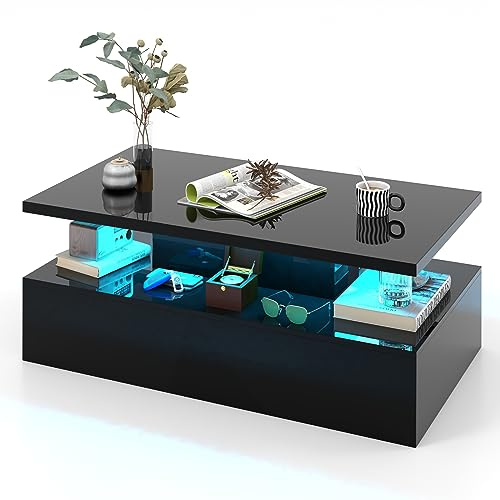COSTWAY Mesa de Café LED, Mesa Moderna de Café de 2 Niveles Brillante con Colores de Luz Ajustables en Velocidad, Control Remoto, Mesa de Café Rectangular Contemporánea para Sala de Estar (Negro)