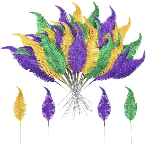 Cindeer 48 Pcs Mardi Gras Glitter Leaves Feather 13.4'' Faux Sparkly Feather Leaves Mardi Gras Party Decoration Plant Decor Twig Wreath Garland Mardi Gras Pick for Craft Sprays Artificial Leaves Gift