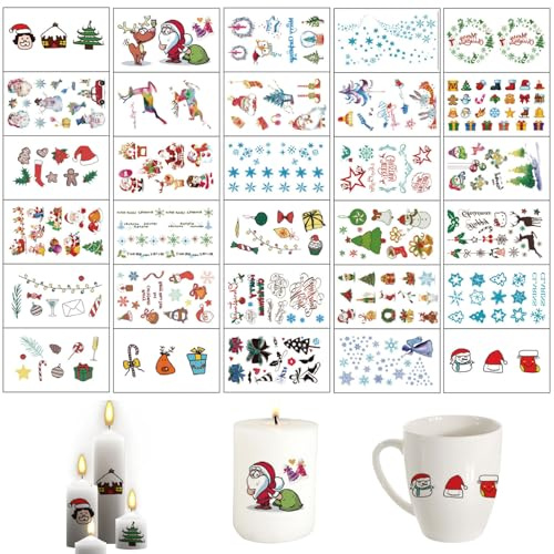 Ellxen 30 Stück Kerzentattoos Weihnachten Deko, Kerzensticker, Bunt Tattoofolie Sticker, Wasserschiebefolie für DIY Tasse Kerze Geschenk (B)
