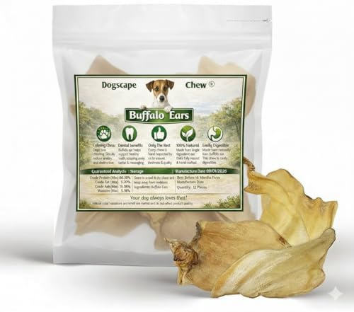 Dogscape chew Pure Natural Grass Fed Water Buffalo Ear - 12 piece Value Pack Tough Dog Chew and Treat for Aggressive Chewers and Puppies