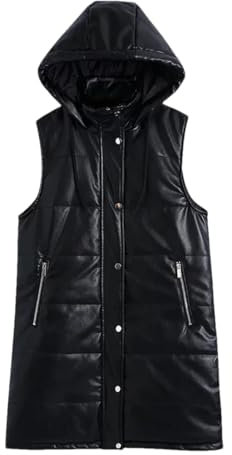 Gilet d'hiver chaud en similicuir avec ceinture pour femme, Noir , S