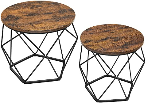 VASAGLE Runt soffbord, set med 2 sidobord, modern stil, avtagbar bordsskiva, stålram, för vardagsrum, rustik brun och svart LCT041K01