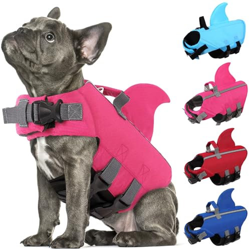 SUNFURA Hundeschwimmweste Hai Schwimmweste für Hunde, Verstellbare Schwimmweste mit hohem Auftrieb, Sicherheit Lebensretter mit Rettungsgriff für Französische Bulldogge Kleine Mittlere Rassen, Hot