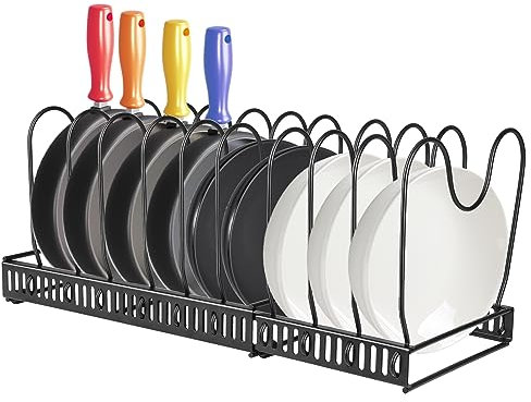 Almacenamiento tapa cacerola, almacenamiento y organización de cocina, organizador de sartén con 10 compartimentos regulables, almacenamiento de estufas y cacerolas ajustable (negro, 10