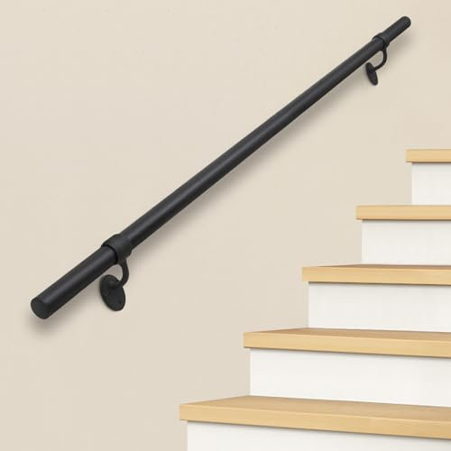 SDNBHT Stair Railing Indoor Metal Hand Rails for Indoor Stairs 1.5 Pipe Aluminum Wall Mounted Indoor/Outdoor Handrail for Steps Black Industrial Handrail for Stairs 5ft