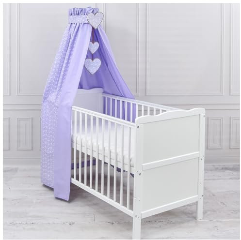 Generisch Baby Delux Babybett Himmel Betthimmel Baumwolle Baldachin für Babybett Kinderbett Wiege Stubenwagen Himmelstange Applikationen Herz Deko (Blümchen Lila, ohne Himmelstange)