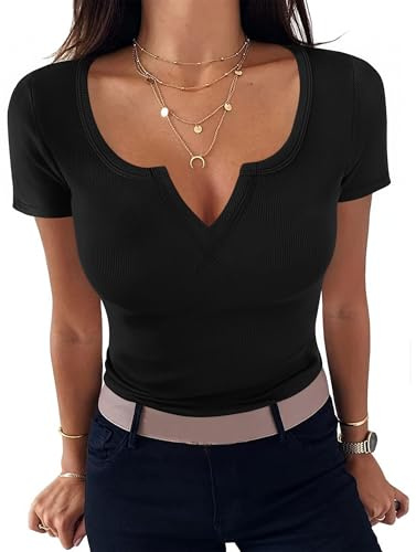 Aottori Camiseta Manga Corta Mujer Cuello en V Punto Acanalado | Verano, Básico, Top, Elegantes, Casual, T-Shirt, Elástico, Ajustado, Sólido, Ligero, Túnica