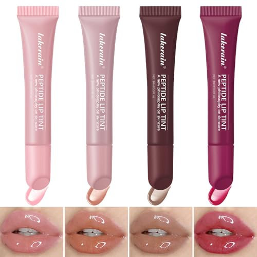 4 Colours Peptide Lip Tint Set Hydrating Lip Gloss Set Sheer Colour Long Lasting Nourishing Shiny Jelly Plumping Glossy Finish Non-Sticky Fresh Clear Smooth Lip Care